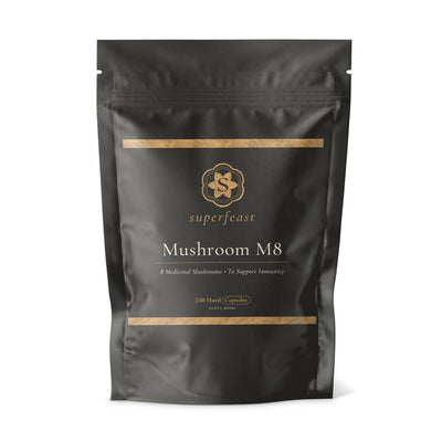 A supplement container of Mushroom M8 by SuperFeast