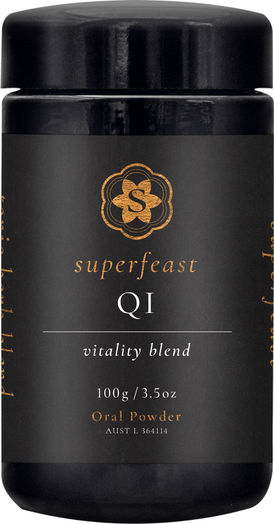 A supplement container of QI Blend by SuperFeast