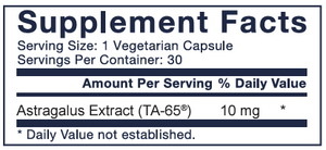 Supplement facts for TA-65MD - 30 capsules listing ingredients including Astragalus