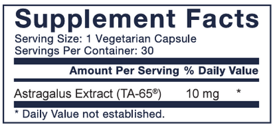 Supplement facts for TA-65MD - 30 capsules listing ingredients including Astragalus