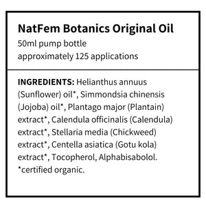 Supplement facts for Original Vaginal & Body Oil listing ingredients including Calendula Extract, Centella Asiatica Gotu Kola, Gotu Kola, Jojoba Oil, Plantago Major