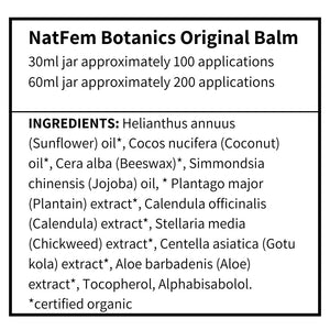 Supplement facts for Original Balm Samples (25 pack) listing ingredients including Aloe Barbadensis, Beeswax, Calendula Extract, Centella Asiatica Gotu Kola, Coconut