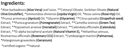 Supplement facts for Nourishing Cream Cleanser 125ml listing ingredients including Aloe Barbadensis, Aloe Vera, Apricot Kernel Oil, Apricot Oil, Cetearyl Olivate