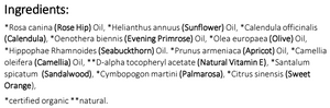 Supplement facts for Pure Rejuvenation Oil 30ml listing ingredients including Alpha tocopheryl, Apricot Oil, Calendula Extract, Camellia Oleifera, Camellia Sinensis