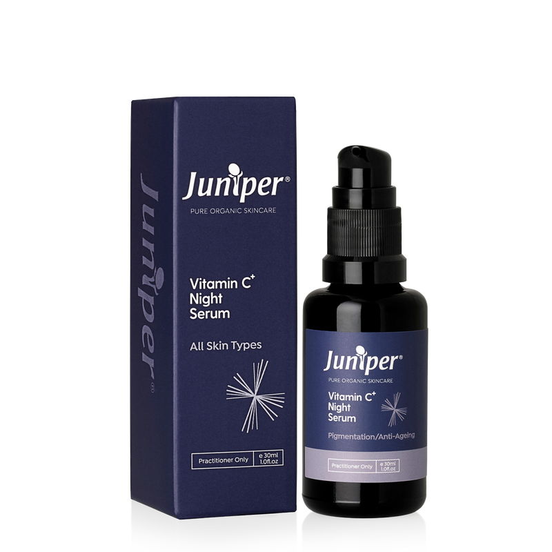 A supplement container of Vitamin C+ Night Serum 30ml by Juniper