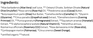 Supplement facts for Intensive Moisturising Lotion 50ml listing ingredients including Aloe Barbadensis, Aloe Vera, Alpha tocopheryl, Cacao, Cetearyl Olivate