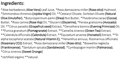 Supplement facts for Moisture Rich Hydrating Cream 50ml listing ingredients including Aloe Barbadensis, Aloe Vera, Rose