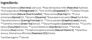 Supplement facts for Revitalising Eye Cream 15ml listing ingredients including Aloe Barbadensis, Aloe Vera, Grape (Vitis vinifera), Grape seed Extract, Pomegranate (Punica granatum)
