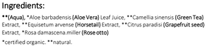 Supplement facts for Calming Rose-Otto Mist 125ml listing ingredients including Aloe Barbadensis, Aloe Vera, Camellia sinensis, Camellia sinensis Green Tea, Equisetum