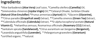 Supplement facts for Oil Balancing Lotion 50ml listing ingredients including Aloe Barbadensis, Aloe Vera, Alpha tocopheryl, Apricot Kernel Oil, Apricot Oil