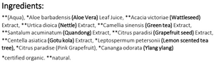 Supplement facts for Juniper Teen Treatment Mist 125ml listing ingredients including Acacia, Aloe Barbadensis, Aloe Vera