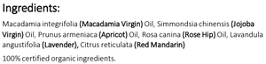 Supplement facts for Nurturing Body Oil 100ml listing ingredients including Angustifolia, Apricot Oil, Citrus Begamot Extract, Jojoba Oil, Lavender Extract