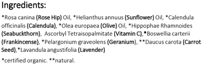 Supplement facts for Scar Treatment Serum 30ml listing ingredients including Calendula Extract, Rosehip (Rosa canina), Rosehip Oil, Sunflower (Helianthus Annuus), Sunflower (Helianthus annuus)