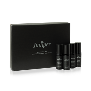 A supplement container of Aromatherapy Cognitive Support + Wellbeing Collection 4x10ml by Juniper