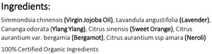 Supplement facts for Anxius Aromatherapy Blend 10ml listing ingredients including Angustifolia, Bergamot, Citrus Begamot Extract, Citrus sinensis, Jojoba Oil