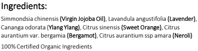 Supplement facts for Anxius Aromatherapy Blend 10ml listing ingredients including Angustifolia, Bergamot, Citrus Begamot Extract, Citrus sinensis, Jojoba Oil
