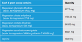 Supplement facts for Magnesium Complex 180g listing ingredients including Glycine, Magnesium, Magnesium Orotate, Magnesium ascorbate, Magnesium citrate