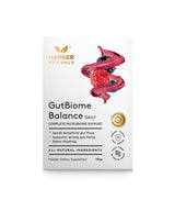 A supplement container of GutBiome Balance 130g by Harker Herbals