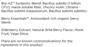 Supplement facts for Children's Gut Biome Builder 160g listing ingredients including Antioxidant, Bacillus Subtilis, Chicory extract, Elderberry extract, Fiber