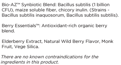 Supplement facts for Children's Gut Biome Builder 160g listing ingredients including Antioxidant, Bacillus Subtilis, Chicory extract, Elderberry extract, Fiber