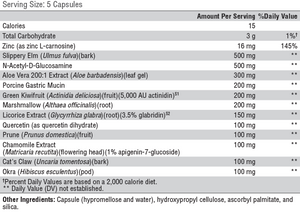 Supplement facts for GI Balance 150 Capsules listing ingredients including Aloe Vera, Althaea officinalis, Carnosine, Carnosine (L-Carnosine), Cat's claw