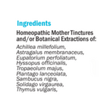 Supplement facts for hbC (Colds & Catarrh) 50ml listing ingredients including Astragalus, Elderberry (Sambucus nigra), Thyme (Thymus vulgaris)