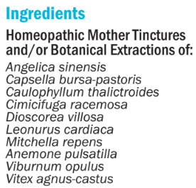 Supplement facts for hbF (Female Formula I) 50ml listing ingredients including Chaste tree (Vitex agnus-castus), Cimicifuga Racemosa, Dioscorea villosa, Pasqueflower (Pulsatilla pratensis)