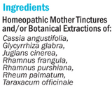 Supplement facts for hbG (Gastrointestinal) 50ml listing ingredients including Angustifolia, Dandelion (Taraxacum officinale), Glycyrrhiza glabra, Licorice