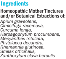 Supplement facts for hbJ (Joints) 50ml listing ingredients including Allium sativum, Black cohosh, Cimicifuga Racemosa, Curcuma Longa, Garlic extract