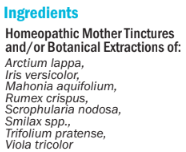 Supplement facts for hbS (Skin Tonic) 50ml listing ingredients including Arctium Lappa, Blue Flag, Mahonia aquifolium, Scrophularia Nodosa, Smilax Officinalis
