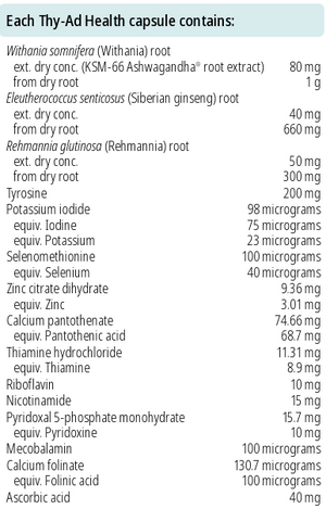 Supplement facts for Thy-Ad Health 90 capsules listing ingredients including Ascorbic Acid, Ashwagandha, Ashwagandha (Withania somnifera), Calcium Folinate, Calcium Pantothanate
