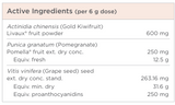 Supplement facts for GI Biome Nourish 180g listing ingredients including Gold Kiwifruit powder, Grape (Vitis vinifera), Grape seed Extract, Kiwifruit, Pomegranate (Punica granatum)