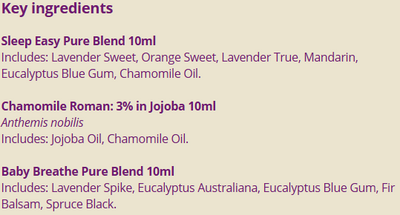 Supplement facts for Baby Child Sleep Collection listing ingredients including Chamomile, Lavender Extract, Matricaria Recutita