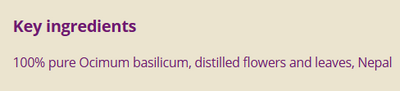 Supplement facts for Basil 10ml listing ingredients including Holy Basil, Ocimum sanctum, Ocimum tenuiflorum