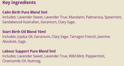 Supplement facts for Birth Essentials listing ingredients including Chamomile, Lavender Extract, Matricaria Recutita, Peppermint (Mentha × piperita), Sage (Salvia officinalis)