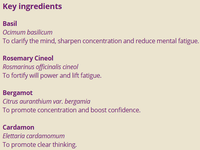 Supplement facts for Brain Power 10ml listing ingredients including Bergamot, Black Cardamom, Holy Basil, Ocimum sanctum, Ocimum tenuiflorum