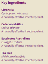 Supplement facts for Bug Repellent 10ml listing ingredients including Tea tree oil (Melaleuca alternifolia)