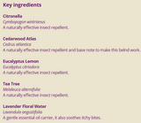 Supplement facts for Bug Repellent Spray 100ml listing ingredients including Angustifolia, Lemon Extract, Tea tree oil (Melaleuca alternifolia)
