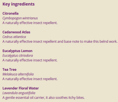 Supplement facts for Bug Repellent Spray 100ml listing ingredients including Angustifolia, Lemon Extract, Tea tree oil (Melaleuca alternifolia)
