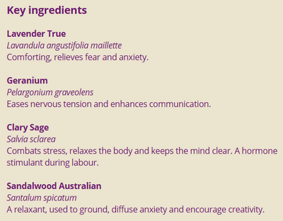 Supplement facts for Calm Birth 5ml listing ingredients including Angustifolia, Sage (Salvia officinalis), Sandalwood (Santalum album)