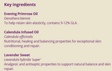 Supplement facts for Calm Skin 50ml listing ingredients including Evening primrose oil, GLA, Gamma Linolenic Acid, Gamma-linolenic acid, Lavender Extract