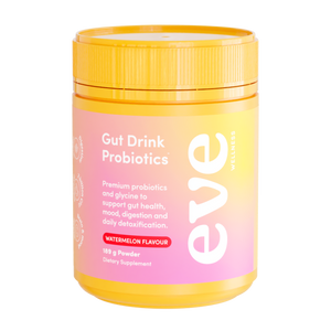 A supplement container of Gut Drink Probiotics by Eve