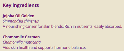 Supplement facts for Chamomile German: 3% in Jojoba listing ingredients including Chamomile, Matricaria Recutita