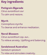 Supplement facts for Crown Chakra 10ml listing ingredients including Commiphora myrrha, Myrrh resin, Neroli Oil, Petitgrain Oil, Sandalwood (Santalum album)