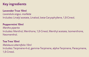 Supplement facts for First Aid Essentials listing ingredients including Angustifolia, Lavender Extract, Lavender oil, Linalool, Peppermint (Mentha × piperita)