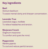 Supplement facts for Head Ease 10ml listing ingredients including Angustifolia, Holy Basil, Lavender Extract, Ocimum sanctum, Ocimum tenuiflorum