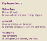 Supplement facts for Heart Chakra 10ml listing ingredients including Bergamot, Lemon Balm Extract, Lemon extract, Melissa officinalis
