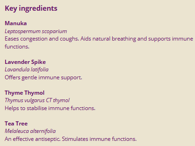 Supplement facts for Immune Care 10ml listing ingredients including Lavender Extract, Tea tree oil (Melaleuca alternifolia), Thyme (Thymus vulgaris)