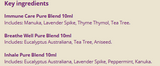 Supplement facts for Immunity Essentials listing ingredients including Lavender Extract, Peppermint (Mentha × piperita), Tea tree oil (Melaleuca alternifolia)