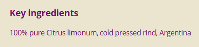 Supplement facts for Lemon listing ingredients including Lemon Extract, Lemon oil